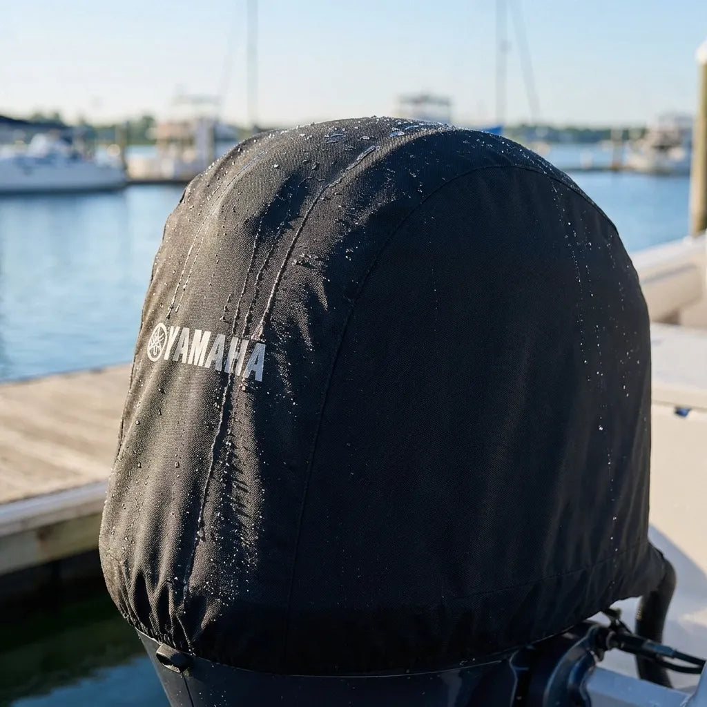 Lifestyle shot of a Yamaha outboard engine protected by the waterproof Airow Marine cover at a boat dock, showing high hydrophobic water beading.