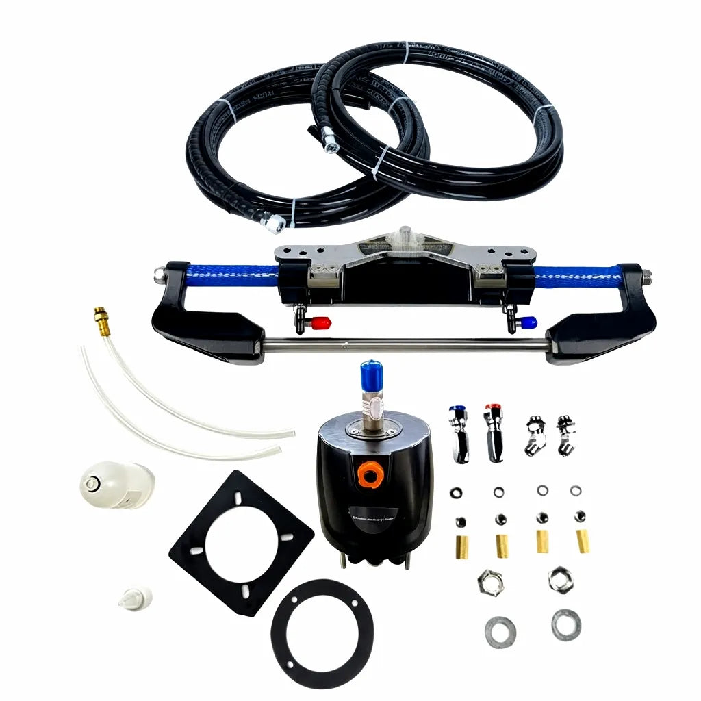 Complete Airow Marine hydraulic steering system components laid out, including a 25cc helm pump, steering cylinder, two 7-meter hydraulic hoses, and all installation hardware.