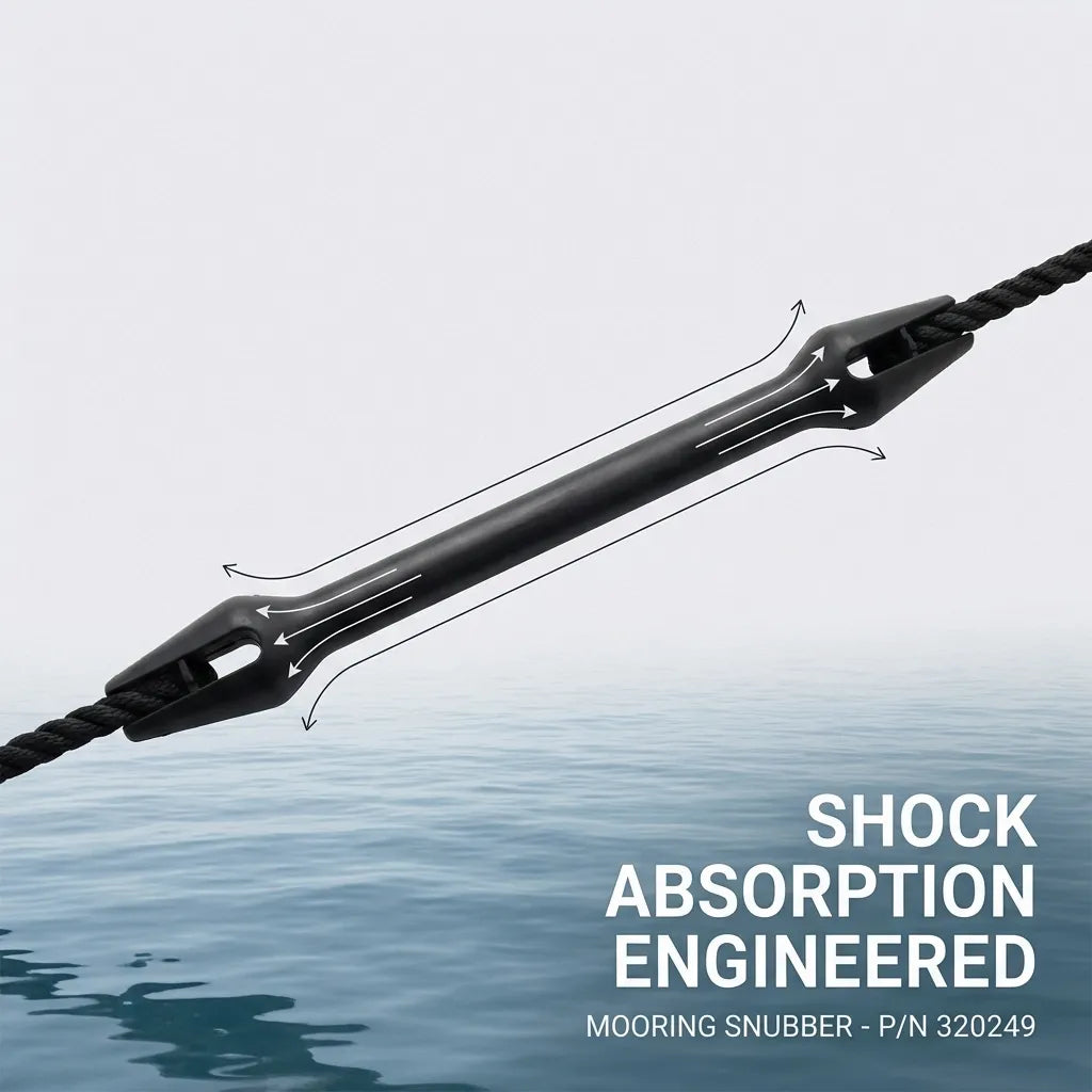 Action shot of the mooring snubber integrated with a black dock line over water, labeled as part number 320249.