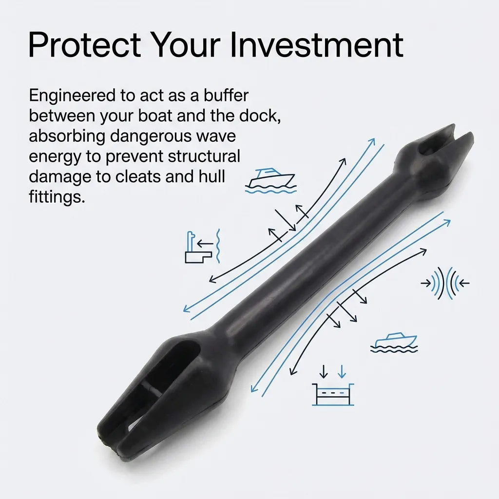 Engineering diagram showing wave energy absorption vectors acting on the mooring snubber to prevent structural damage to boat cleats and hull fittings.