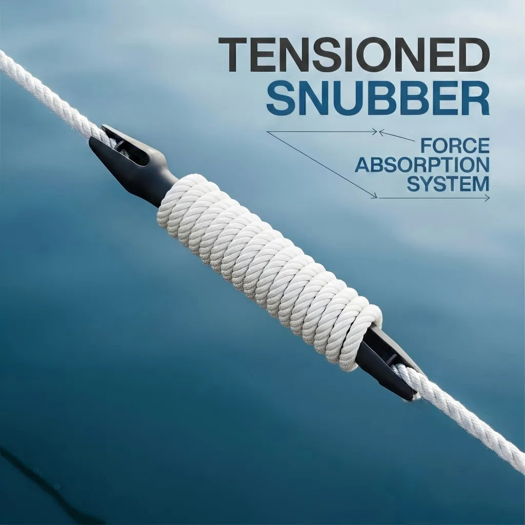 AIROW MARINE snubber deployed on a white twisted marine rope over blue water, demonstrating the force absorption wrap method.