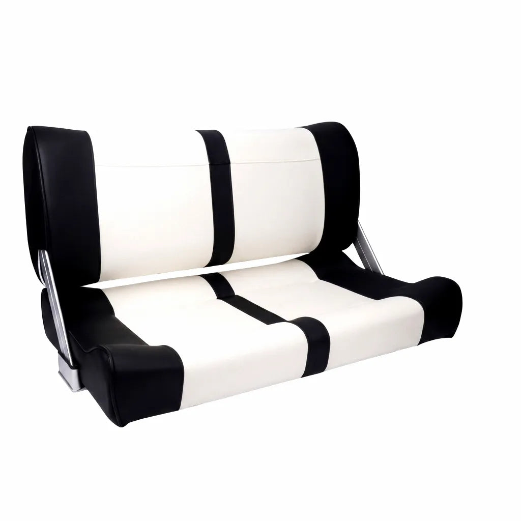 Airow Marine double boat seat on a pure white background, featuring premium black and white marine-grade vinyl with heavy-duty double stitching and robust reversible backrest brackets.