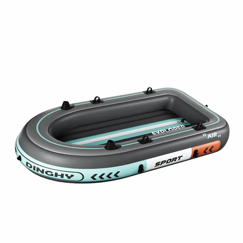 Airow Marine Explorer Dinghy Sport inflatable boat on white background, showing 4-layer heavy-duty PVC construction, expanded base, and D-ring attachments.