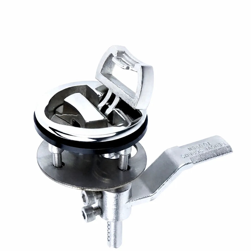 Premium mirror-polished 316 stainless steel flush pull slam latch featuring a spring-loaded D-ring handle and adjustable cam latch arm for yachts and RVs.
