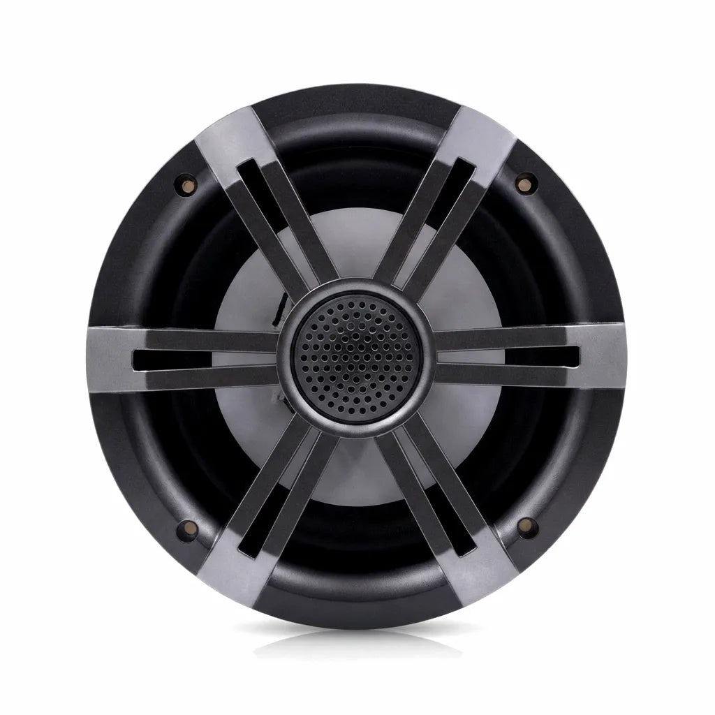 Airow Marine GS-068T-RGB 6.5-inch waterproof speaker front view, showcasing gunmetal grey and matte black UV-stabilized grille with integrated central dome tweeter on a pure white background.