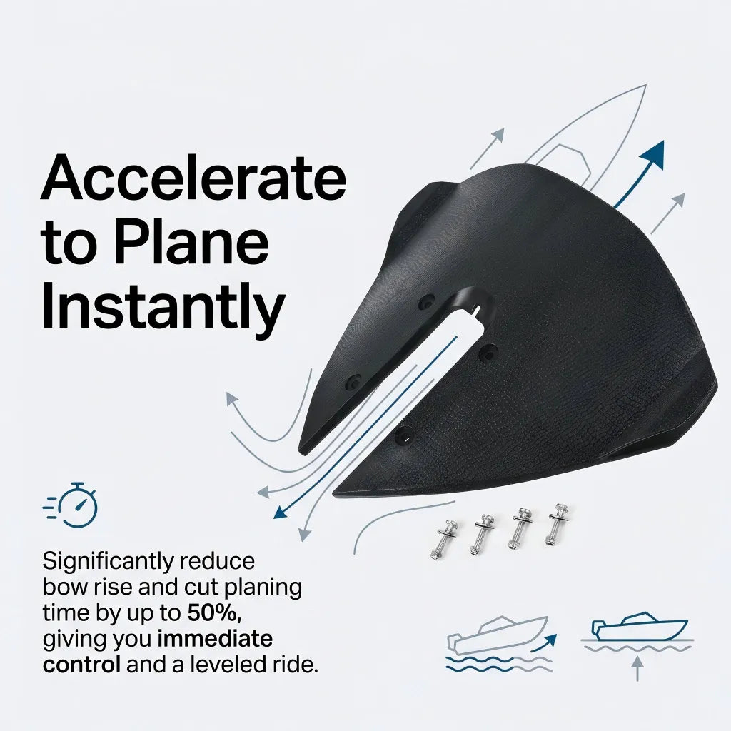 Infographic demonstrating how the hydrofoil stabilizer reduces bow rise and cuts planing time by 50% for immediate vessel control.
