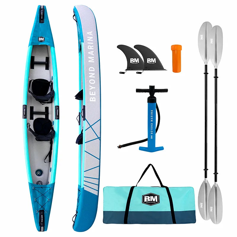Beyond Marina Airow Inflatable Kayak 2-Person, 3-Person Kit, top and side views, showing turquoise and grey heavy-duty laminated PVC construction with included paddles, high-pressure pump, tracking fins, and durable carry bag on a clean white background.