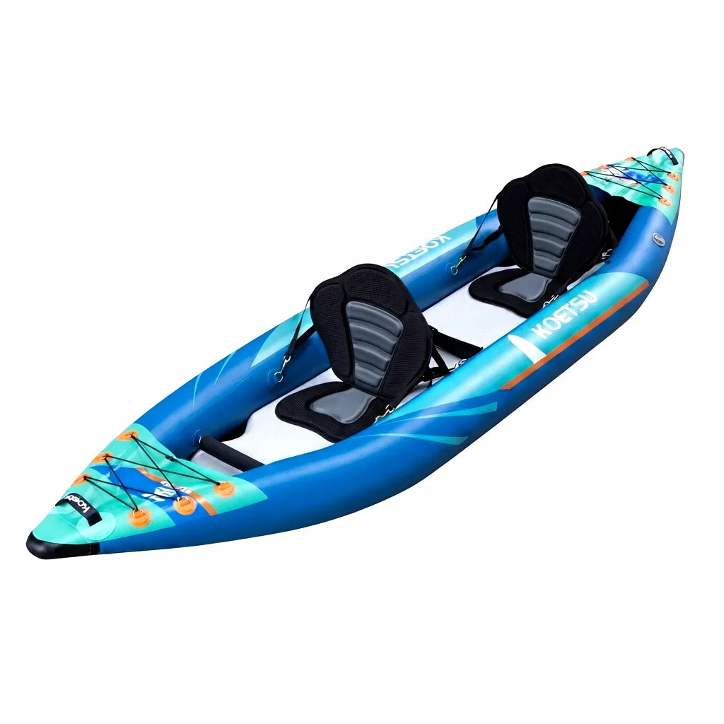 Airow Marine Inflatable Dual-Seater Kayak on white background, showing its blue and teal design with two black seats.