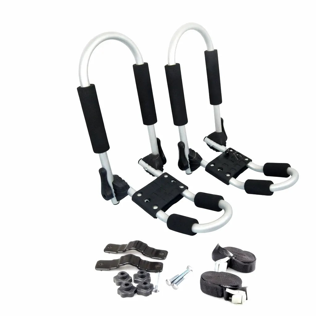 Airow Marine heavy-duty aluminum alloy J-bar roof rack for kayaks and canoes with thick black foam padding and mounting hardware kit on a white background.