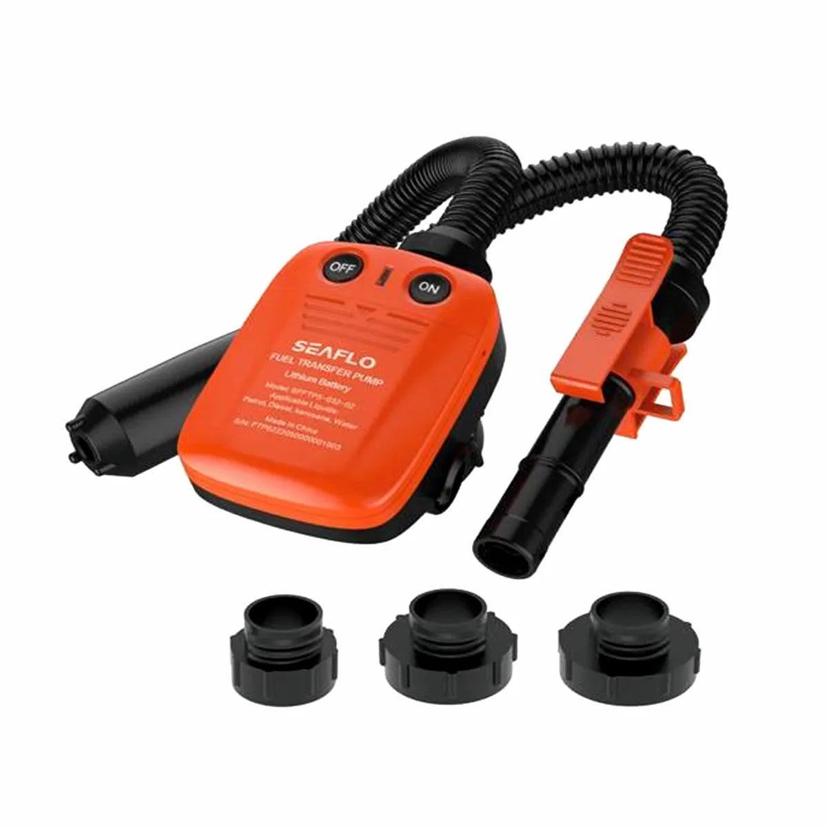 AIROW Marine SFP12V-012-02 portable electric fuel transfer pump with lithium-ion battery, shown with corrugated black hose, orange pump housing, and three black multi-fit threaded adapters on a pure white background.