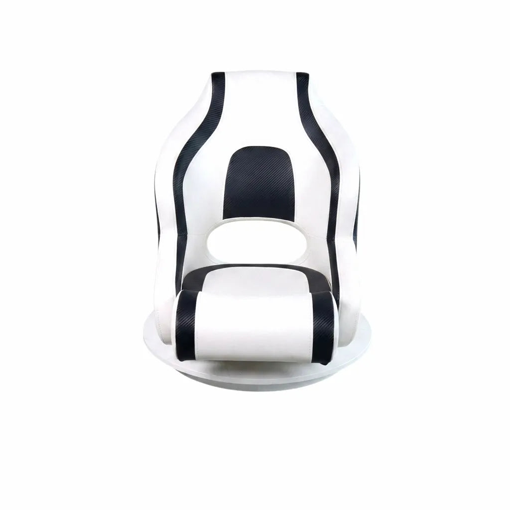Airow Marine ergonomic boat seat with integrated leg rest in white and black waterproof PVC leather, viewed from top down on a white background