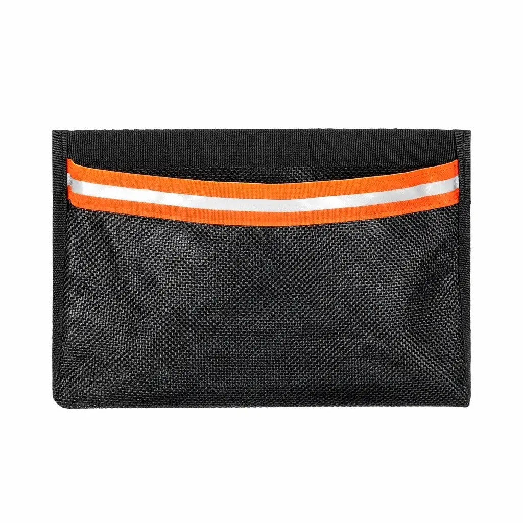 Front view of a black high-tension marine mesh storage pouch with a prominent orange and white reflective safety strip, designed for marine and RV use.