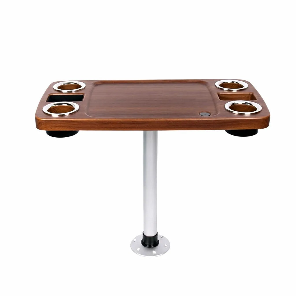 Airow Marine rotatable and removable RV and yacht pedestal table with premium walnut woodgrain ABS tabletop, four stainless steel cup holders, and silver anodized aluminum alloy post on white background.