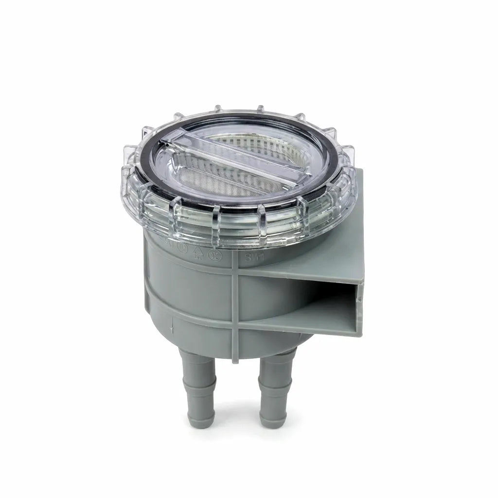 Airow Marine high-flow seawater strainer filter with clear lid, grey polymer body, and dual hose barb connections on a white background, showcasing tool-free access and robust construction for marine cooling systems.