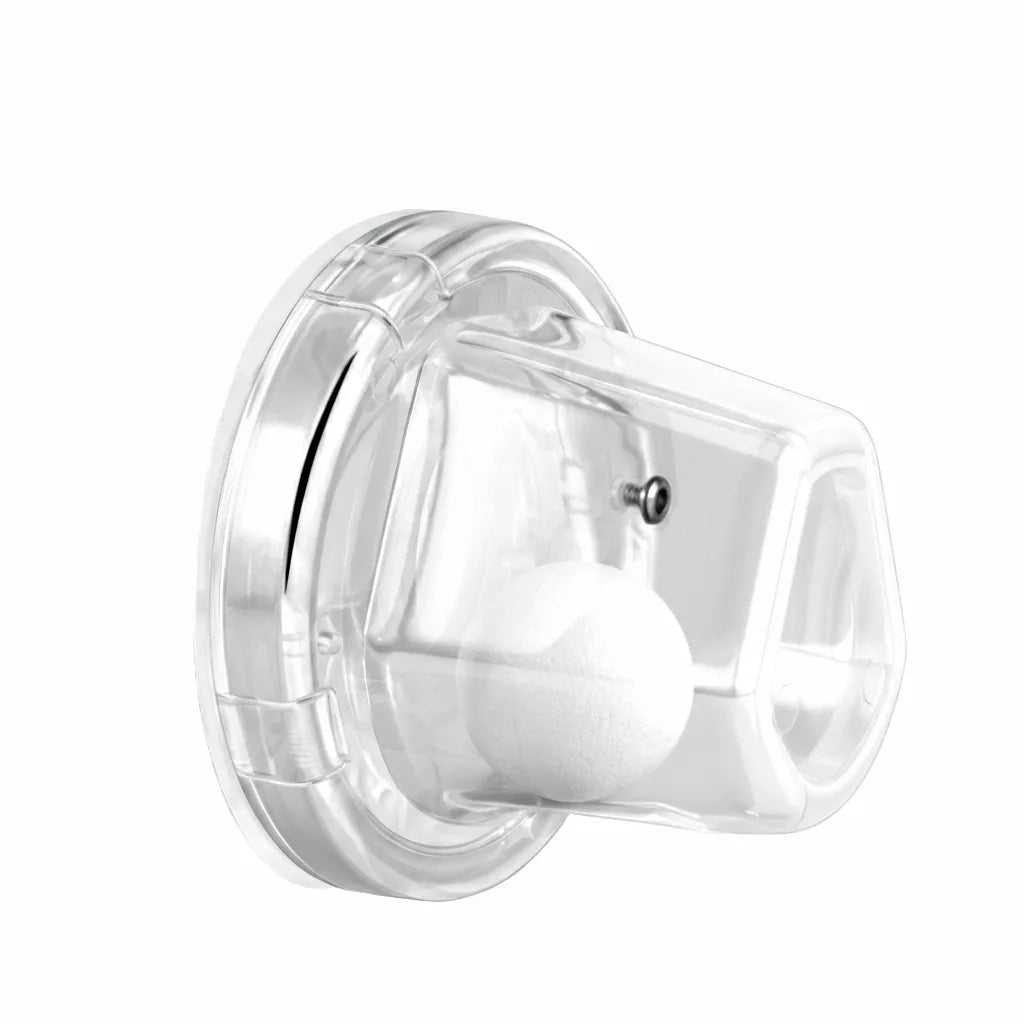 Hero shot of the Airow Marine self-bailing boat scupper valve featuring a crystal clear polycarbonate housing and a solid white neutral buoyancy polyethylene ball on a pure white background.