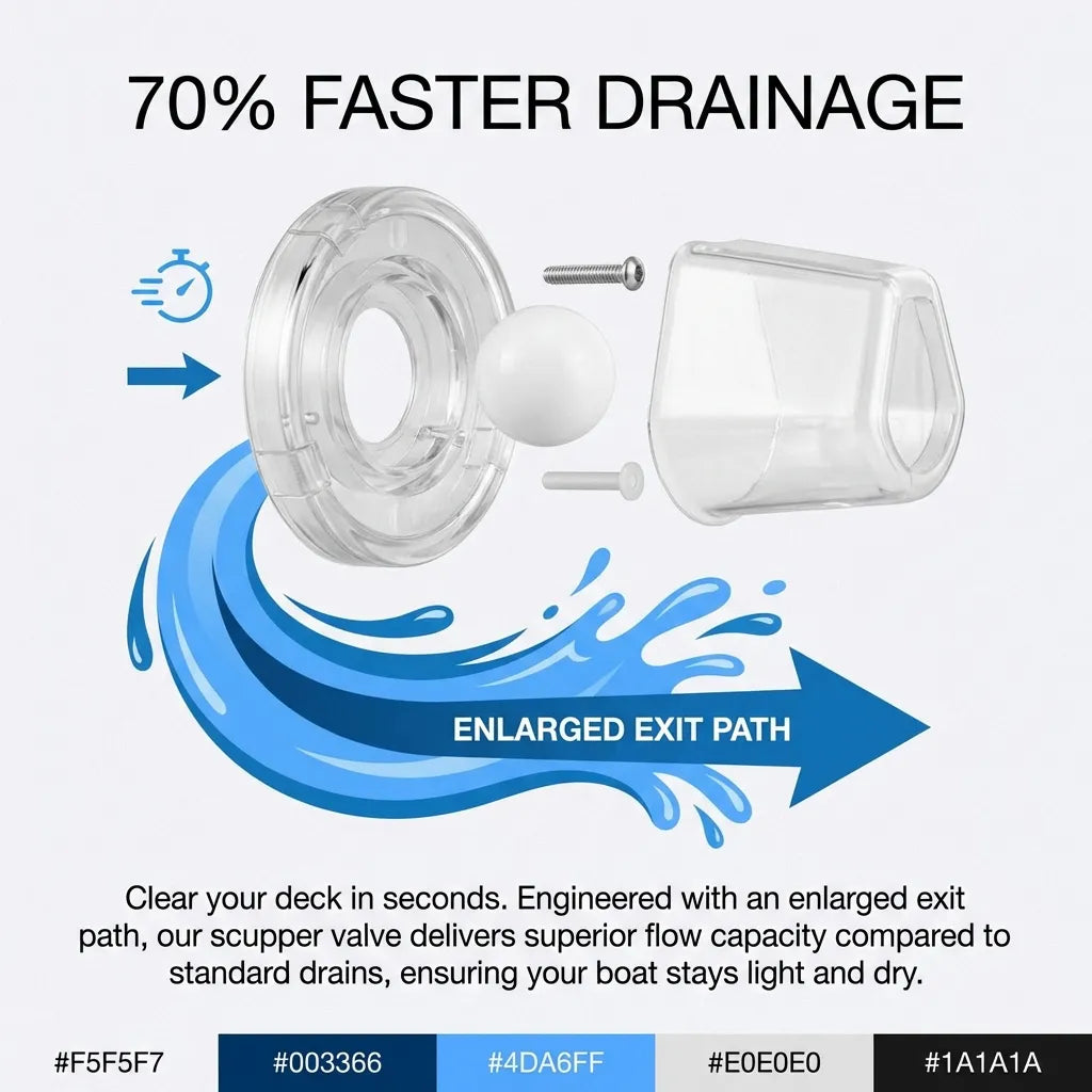 Exploded view diagram highlighting the enlarged exit path that provides 70% faster drainage compared to standard boat scupper designs.