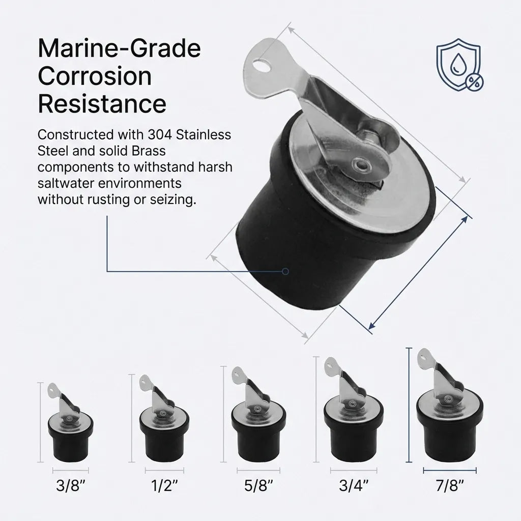 Infographic highlighting marine-grade corrosion resistance: constructed with 304 stainless steel and solid brass components for harsh saltwater environments, showing size options from 3/8 inch to 7/8 inch.