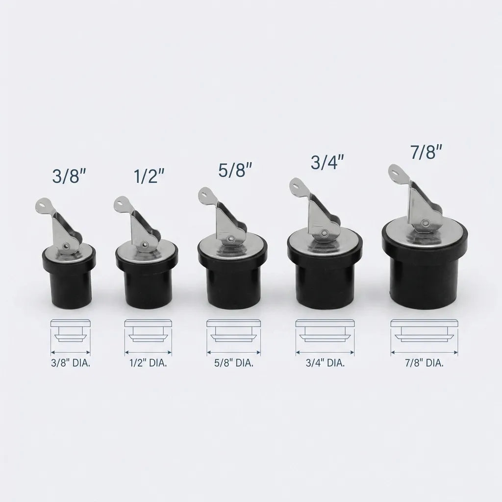 A comparative lineup of five different sized boat drain plugs showing the incremental diameter increases from 3/8 inch to 7/8 inch with corresponding technical labels.