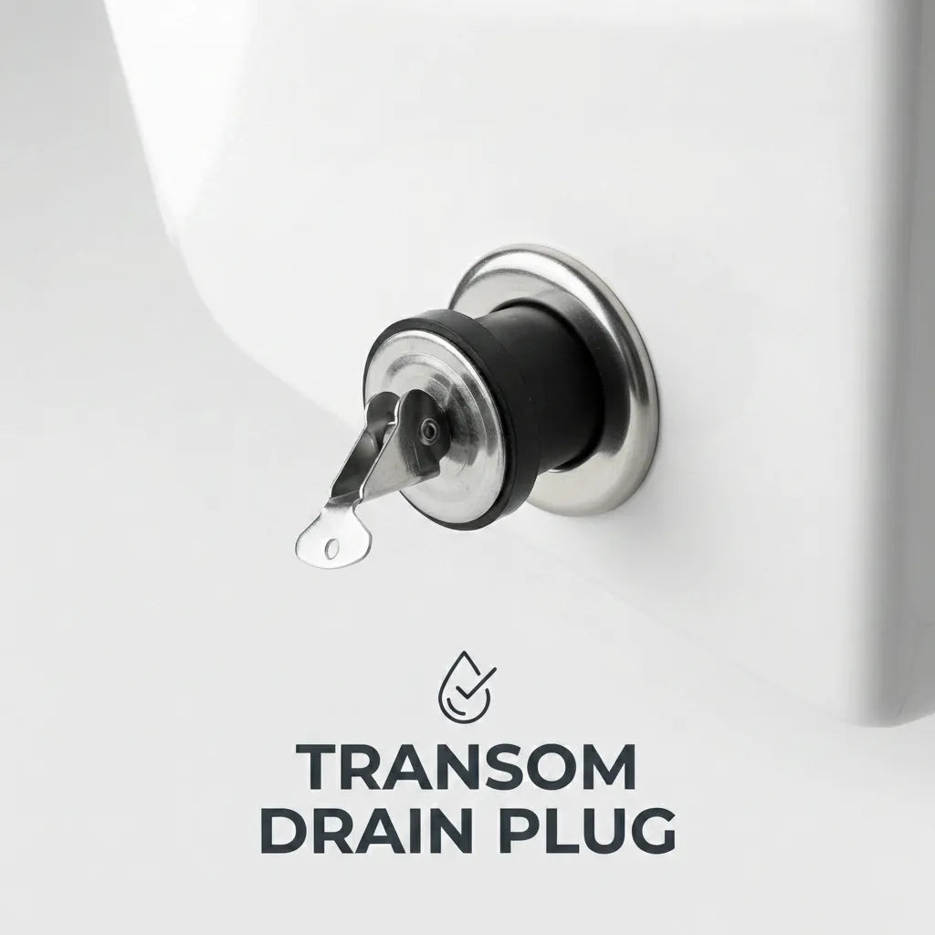 Close-up of the AIROW MARINE snap-tite drain plug installed into a white boat transom drain tube, demonstrating the secure watertight seal of the cam-lock mechanism.