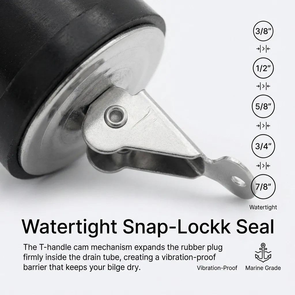 Technical diagram of the watertight snap-lock seal featuring a T-handle cam mechanism that expands the rubber plug inside the drain tube for a vibration-proof barrier.