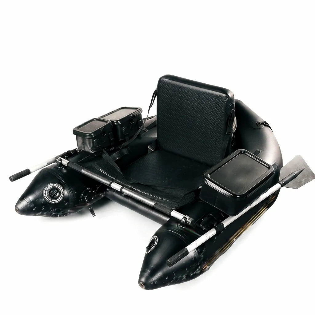 Airow Marine single-person inflatable fishing boat with black high-grade PVC pontoons, textured ergonomic seat, aluminum oars, and two integrated storage tackle boxes on a white background.