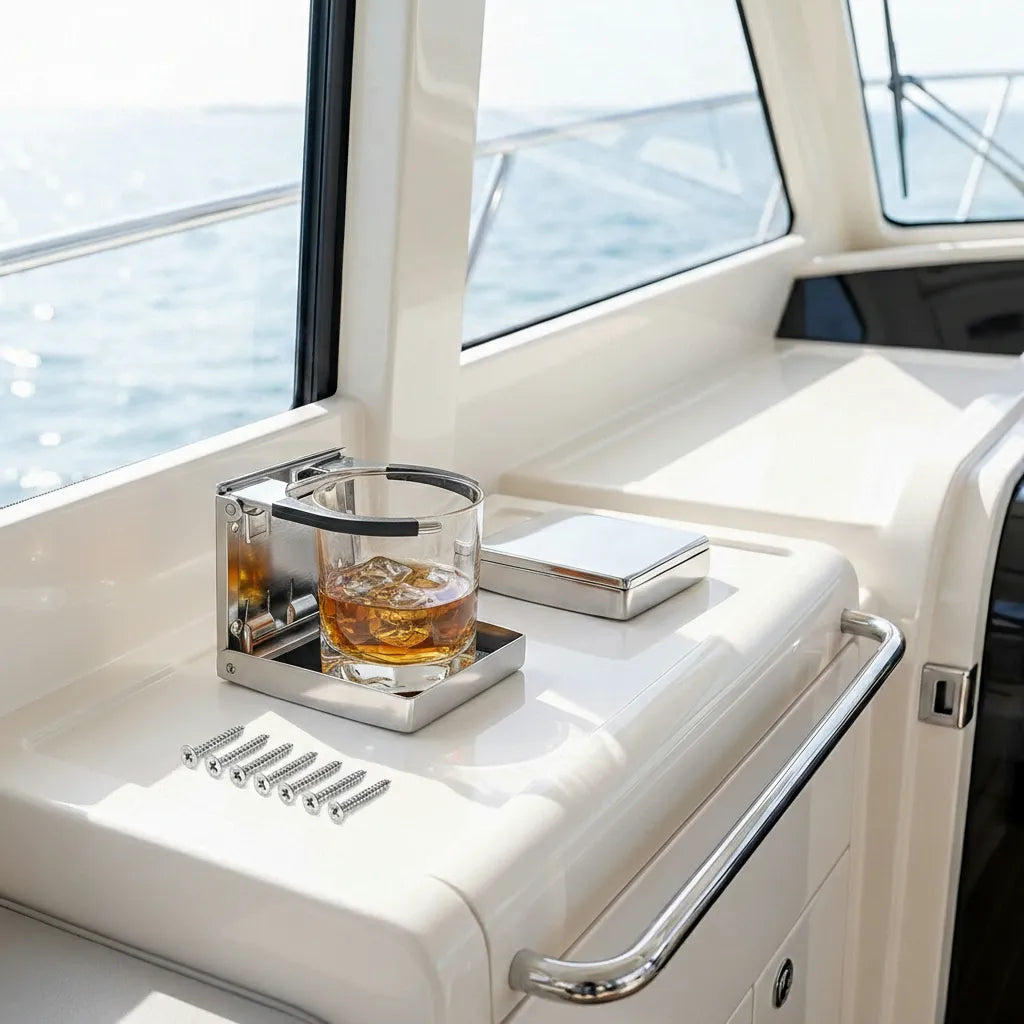 Airow Marine cup holder installed on a fiberglass yacht console holding a cocktail glass with ice, illustrating real-world marine application.