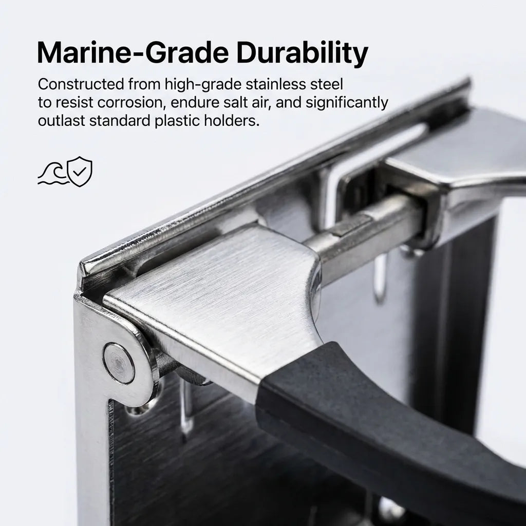 Macro view of the precision-engineered stainless steel hinge mechanism and electropolished surface finish of the Airow Marine holder.