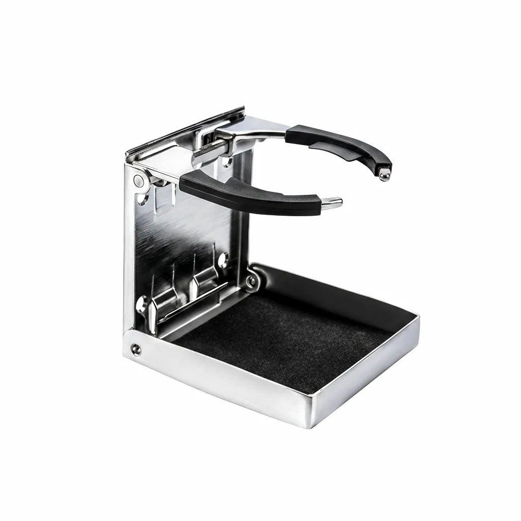 Mirror-polished 316 stainless steel folding cup holder with black silicone retainer arms and high-density foam base, side profile view on white background.