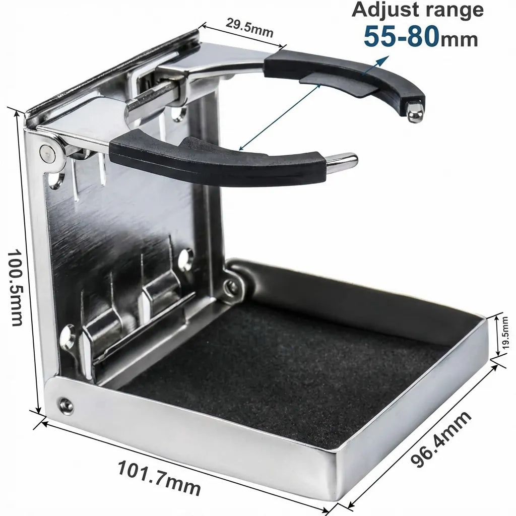 Dimensional drawing of the folding cup holder showing 100.5mm height, 101.7mm width, and 55mm to 80mm adjustable arm range.