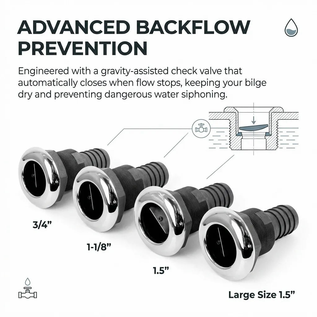 Technical diagram demonstrating advanced backflow prevention using a gravity-assisted check valve mechanism across four sizes: 3/4 inch, 1-1/8 inch, 1.5 inch, and Large 1.5 inch.