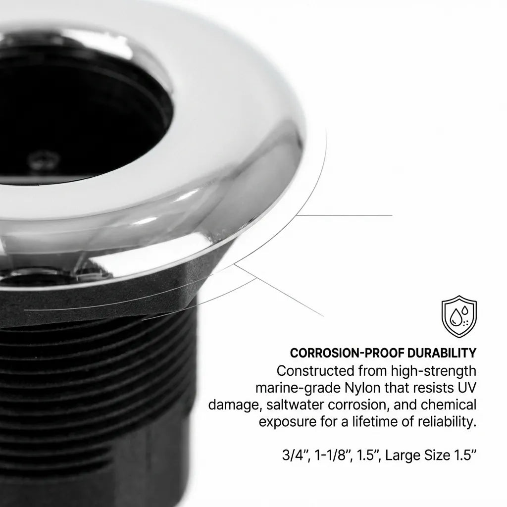 Macro detail shot of the UV-stabilized marine-grade nylon threads and the mirror-polished stainless steel flange, highlighting corrosion-proof durability.