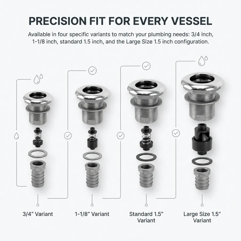 Exploded view showing internal components of the thru-hull fitting including the stainless steel cap, check valve spring mechanism, sealing gasket, and barbed hose connector.
