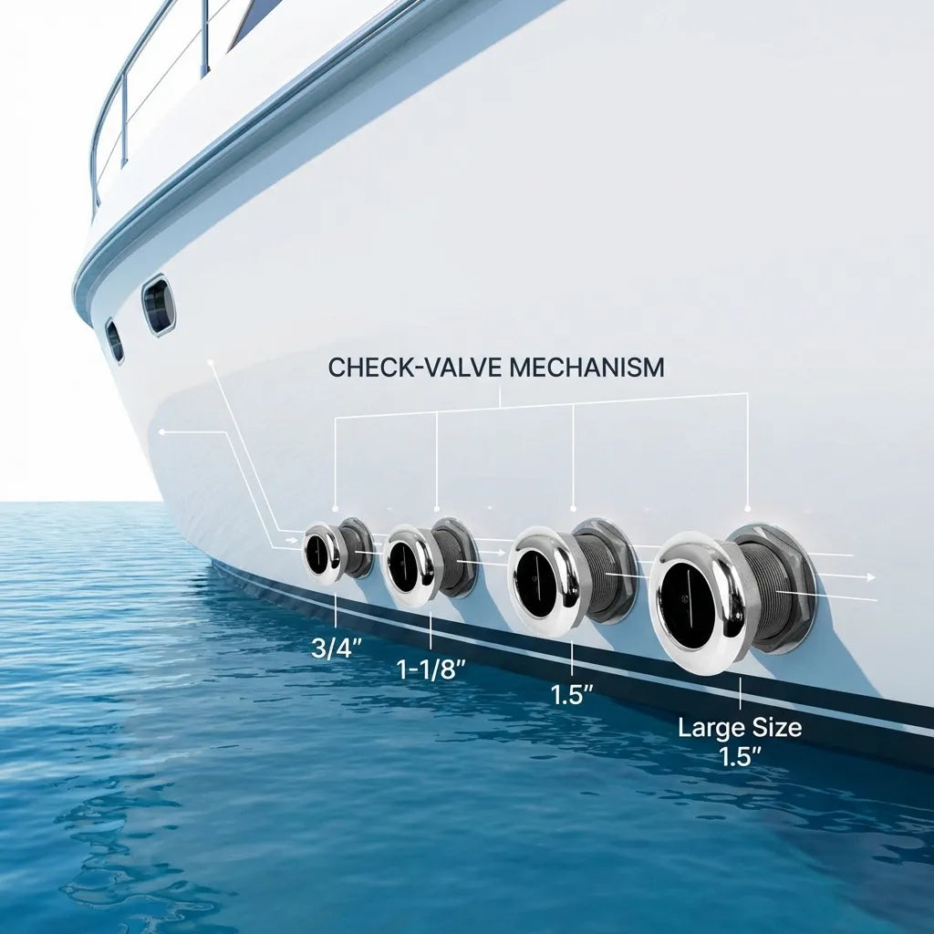 Digital rendering showing the installation of multiple thru-hull fittings on a yacht hull just above the waterline, highlighting the check-valve mechanism.