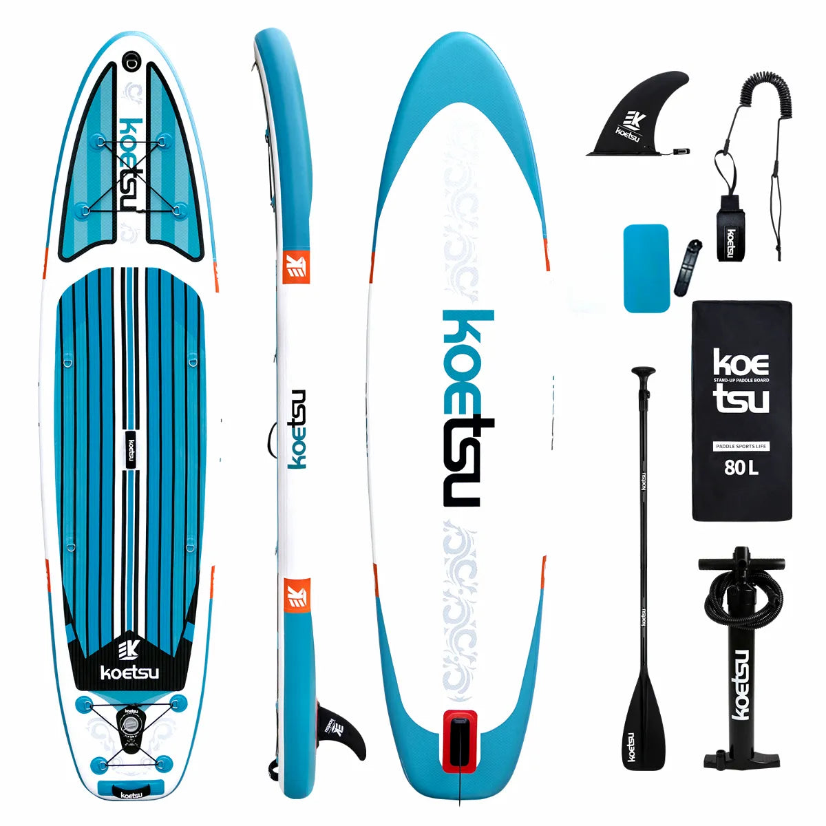 Koetsu 10'6" Inflatable Stand-Up Paddleboard with complete accessory kit including adjustable paddle, high-pressure pump, detachable fin, coiled leash, and 80L travel backpack on a pure white background.