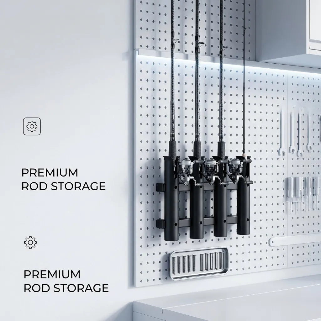 Lifestyle shot of three spinning rods stored vertically in the Airow Marine holder mounted on a clean white workshop pegboard.