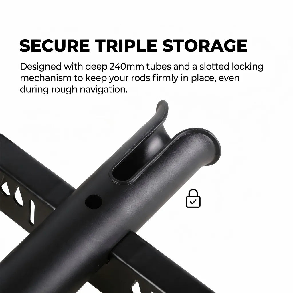 Macro view of the 240mm deep tube and its precision-slotted locking mechanism designed to keep reels secured during rough navigation.