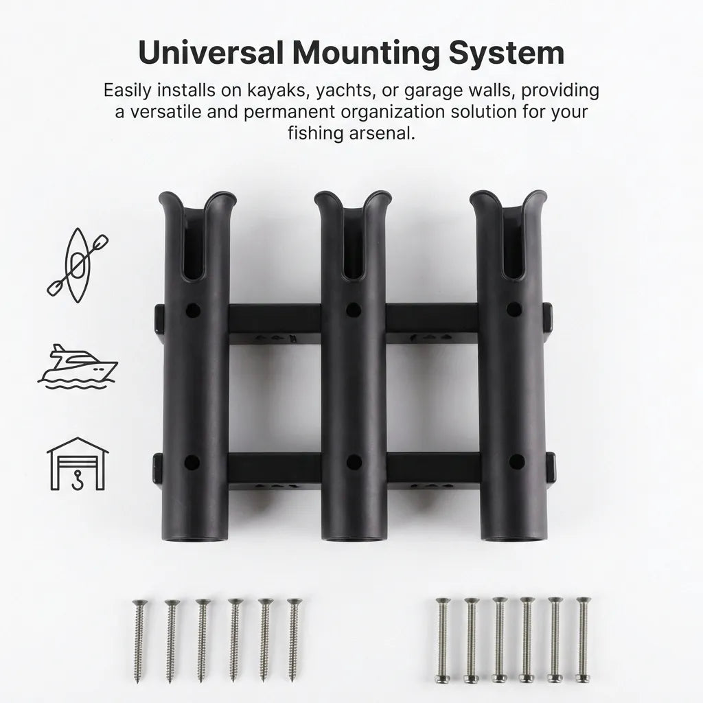 Universal mounting system demonstration showing compatibility with kayaks, yachts, and garage pegboards for rod organization.