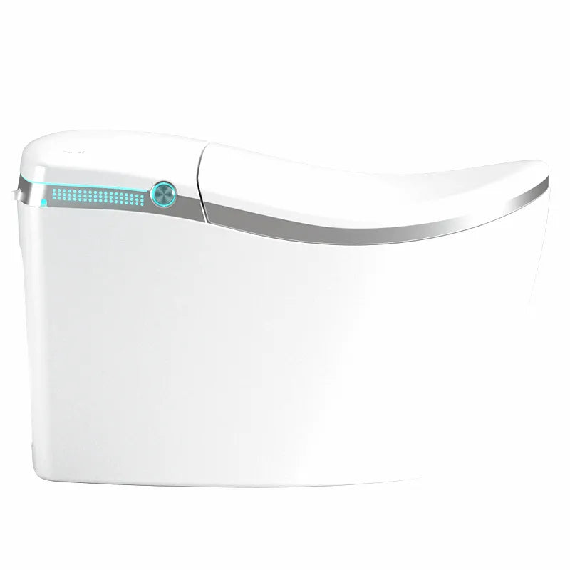 Sleek white yacht-style smart toilet with polished silver trim and integrated blue LED controls, designed for luxury marine environments.