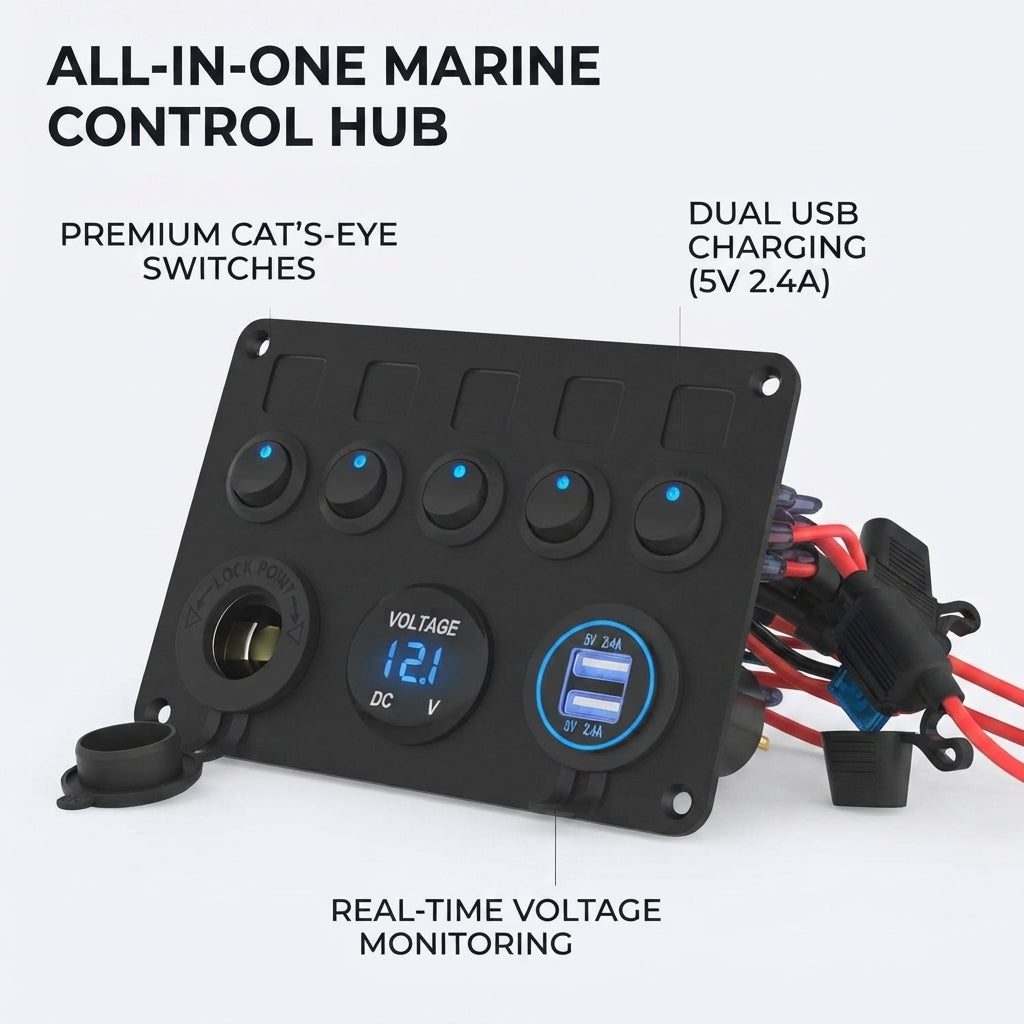 Marine 5-Button Switch Panel - Dual USB, Voltmeter & Cigarette Lighter 12-24V