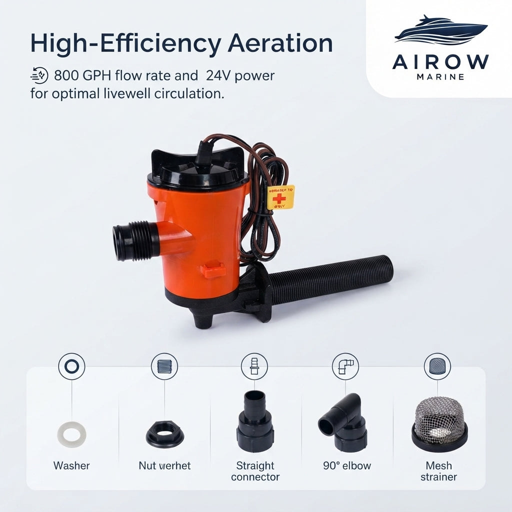 AirowMarine 24V 800 GPH Bait Pump - Marine Aeration & Livewell Circulation