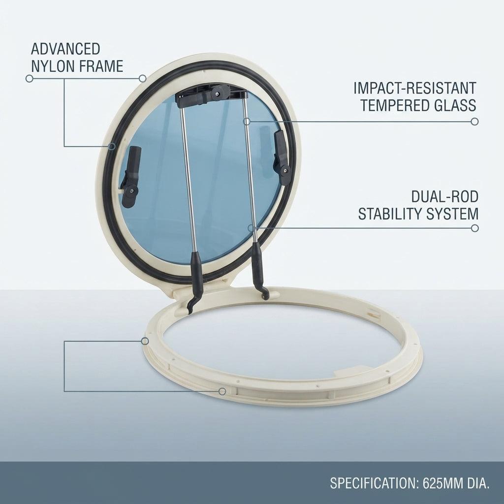 625 mm Round Marine Porthole – White Nylon Frame, Tempered Glass