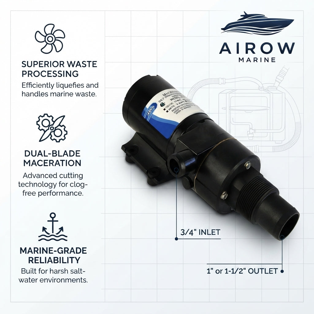 AIROW Marine Macerator Sewage Pump - 12V/24V Cut-Type Impeller, Anti-Clog (38mm Inlet)