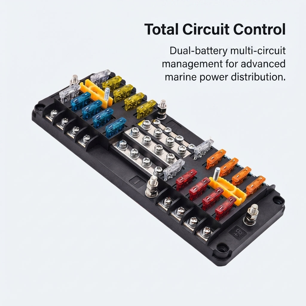 Marine 16-Circuit Fuse Box - Dual Battery Input, Negative Bus Bar (36V DC)