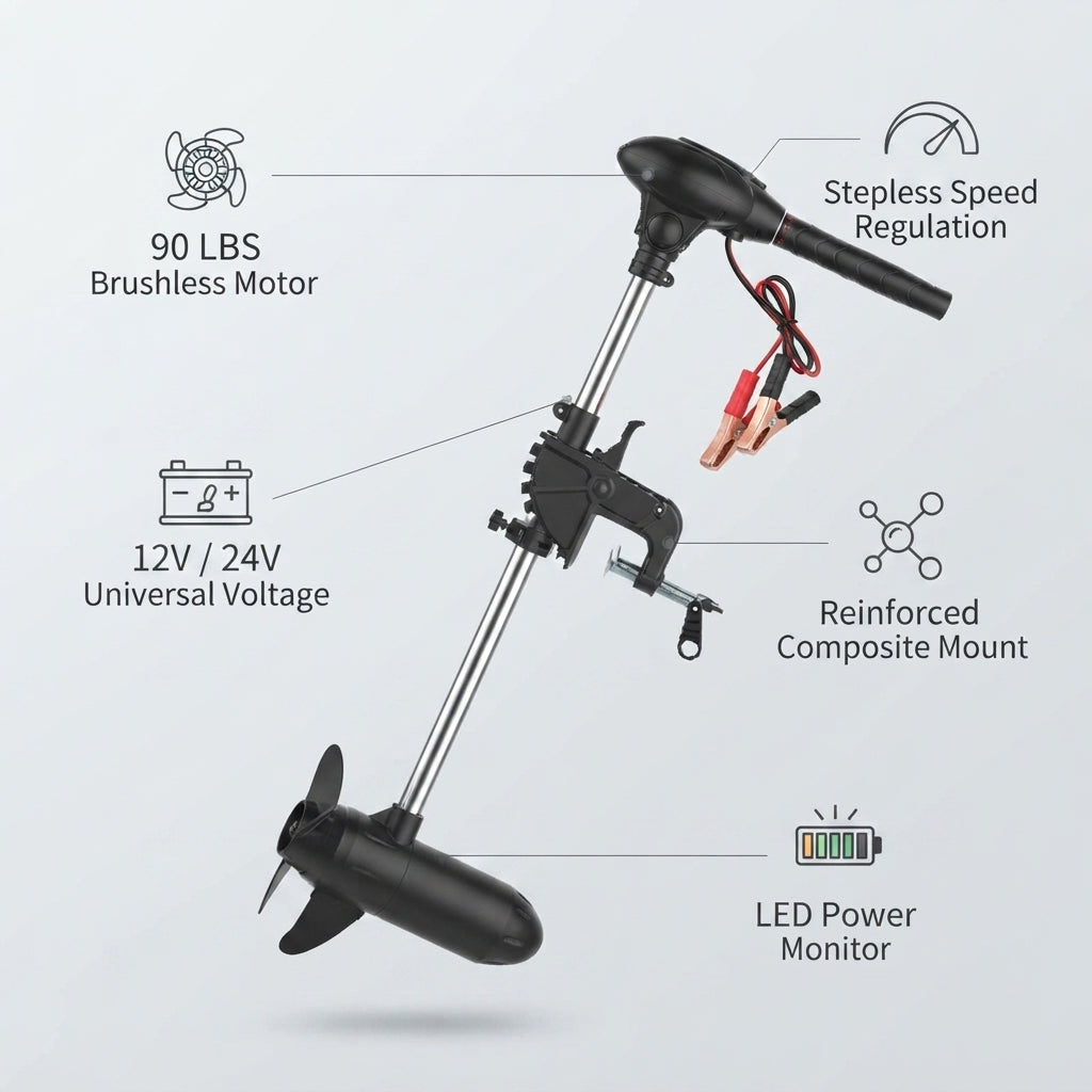 AirowMarine 90lb Thrust Electric Trolling Motor - 12V/24V Brushless, 81cm Alloy Shaft