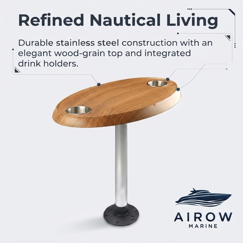 Airow Marine Teak Oval Boat Table - Dual Cup Holders (75x45cm)