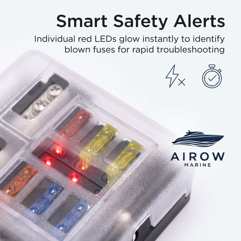 6-Circuit Water-Resistant Marine Fuse Box with LED Indicators – 12-24V DC – marine application view
