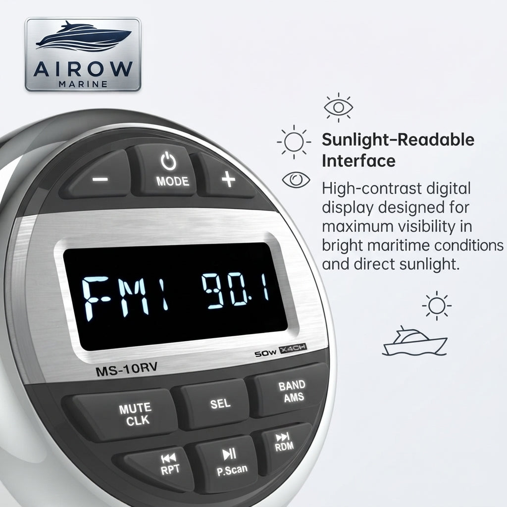 AirowMarine MS-10RV Gauge Marine Stereo - IPX6 Waterproof Bluetooth (4x50W)