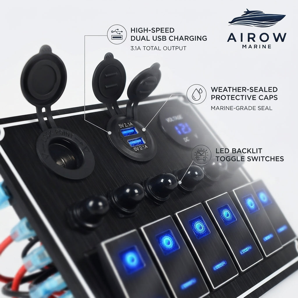Airow Marine 6-Gang IP67 Waterproof Switch Panel - Dual USB & Voltmeter