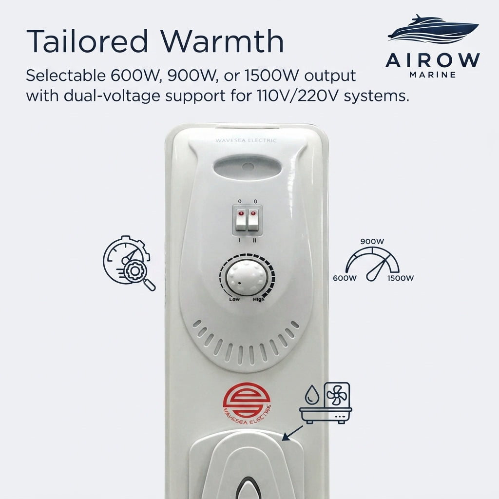 AirowMarine Dual Voltage Marine Oil-Filled Radiator – 7-Panel, 1500W, Humidifying & Drying – marine application view