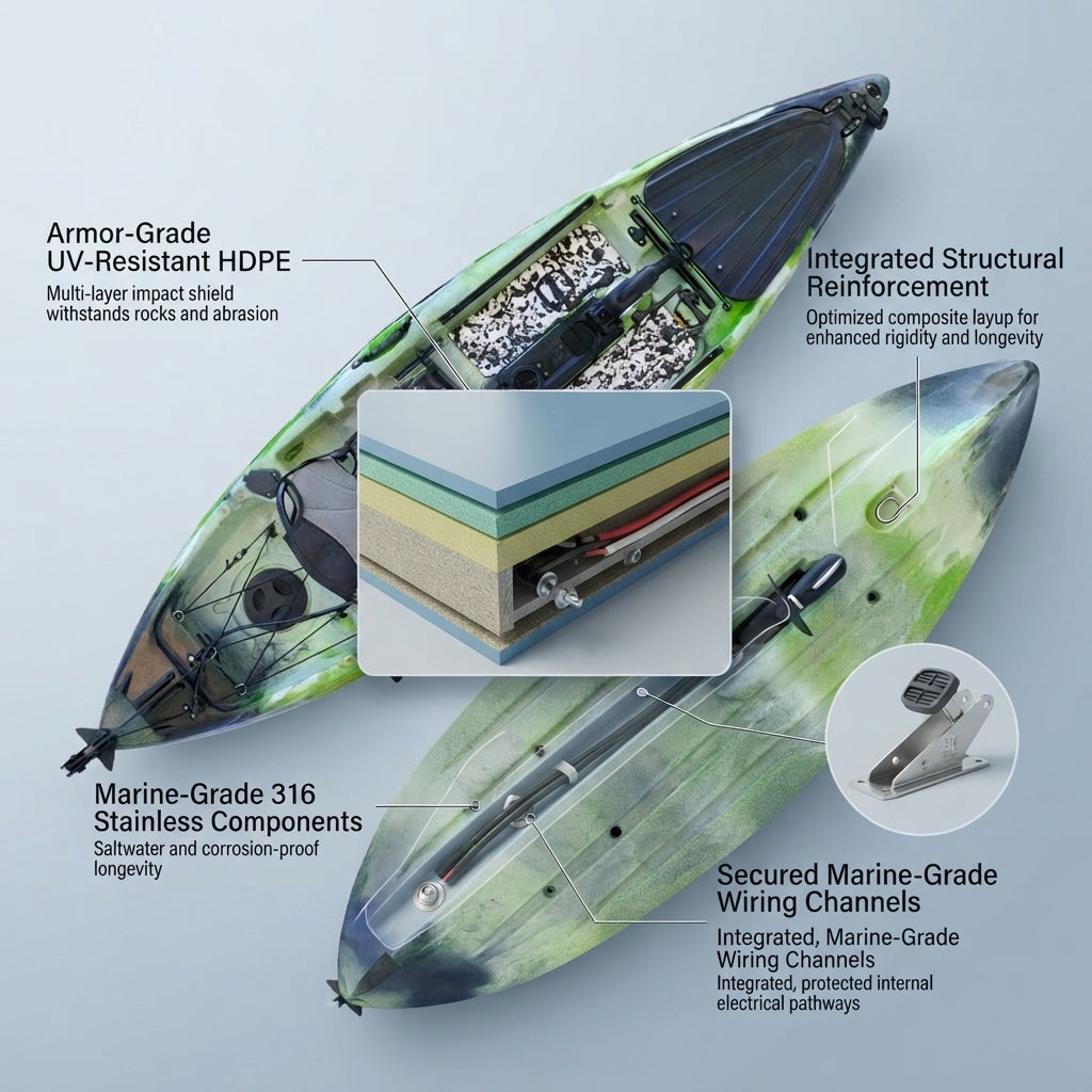AirowMarine Pedal & Motor Ready Fishing Kayak – Rotomolded Polyethylene Hull – detail view